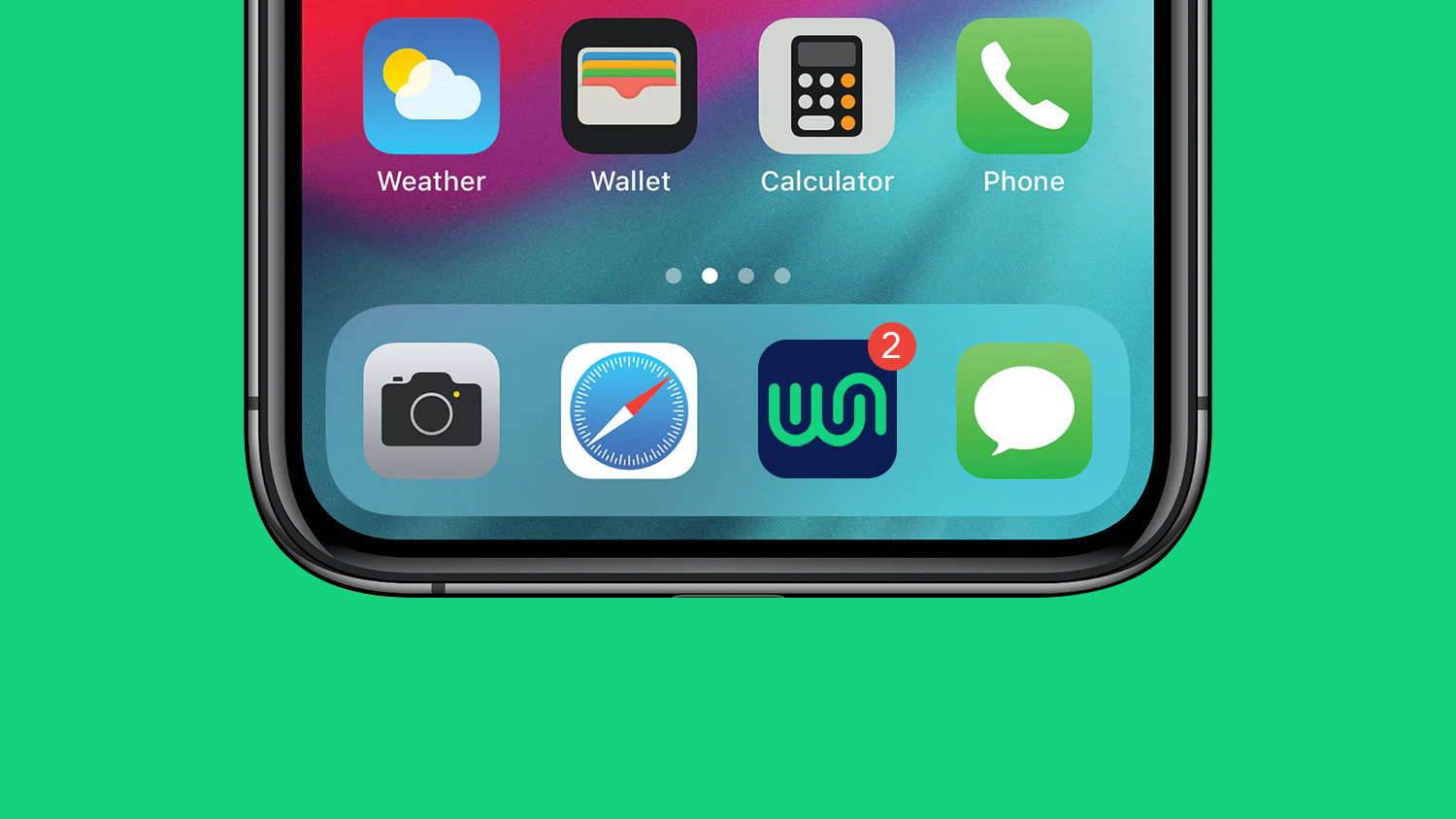 Close up of Iphone showing home screen bottom apps including Worskpace app