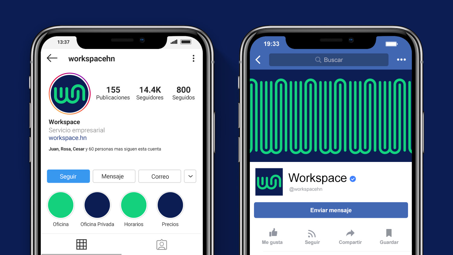 Two Iphones showing Workspace profile pages design for instagram and facebook