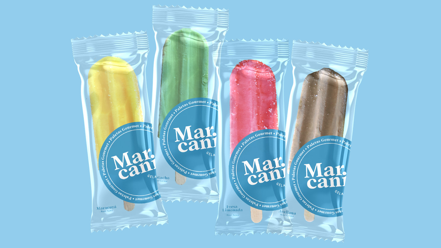 Four different popsicles with transparent packaging and a Marcani sticker design