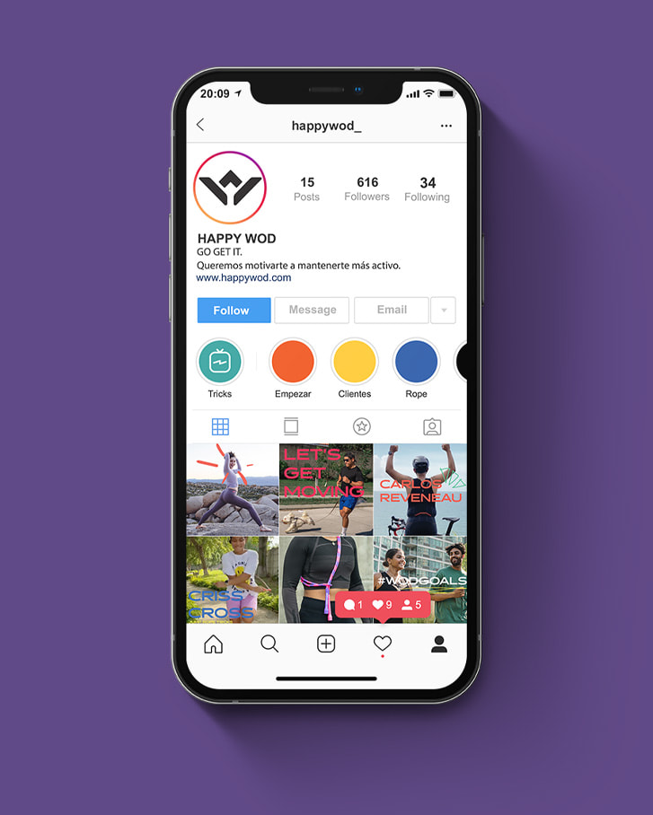Iphone X showing a profile view of the Instagram page of sport apparel brand HappyWOD