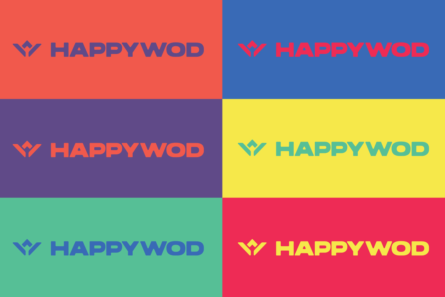 Six horizontal logos of HappyWOD with six different colors and backgrounds