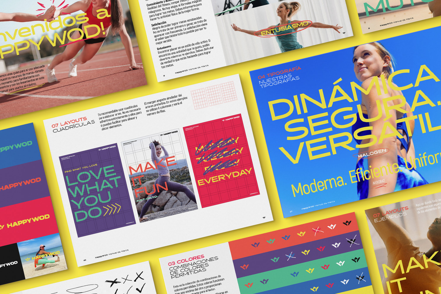 Pages of the HappyWOD Branding guidelines set at an angle over a yellow background