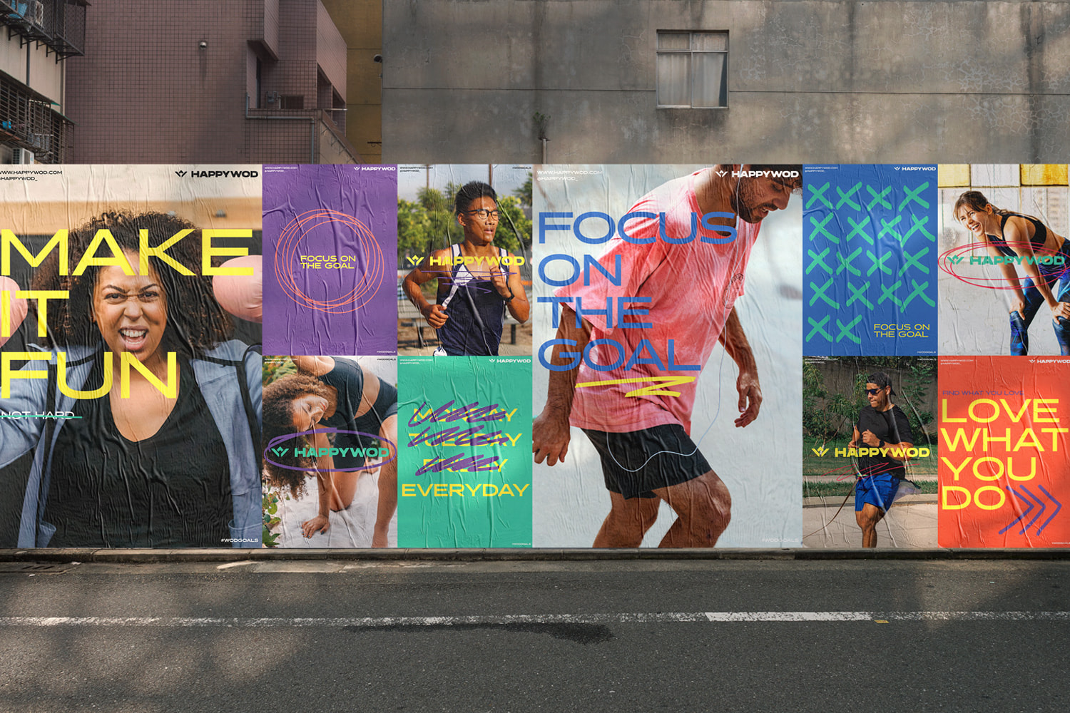 Ten billboard Posters next to street for colorful and fun sports apparel brand HappyWOD