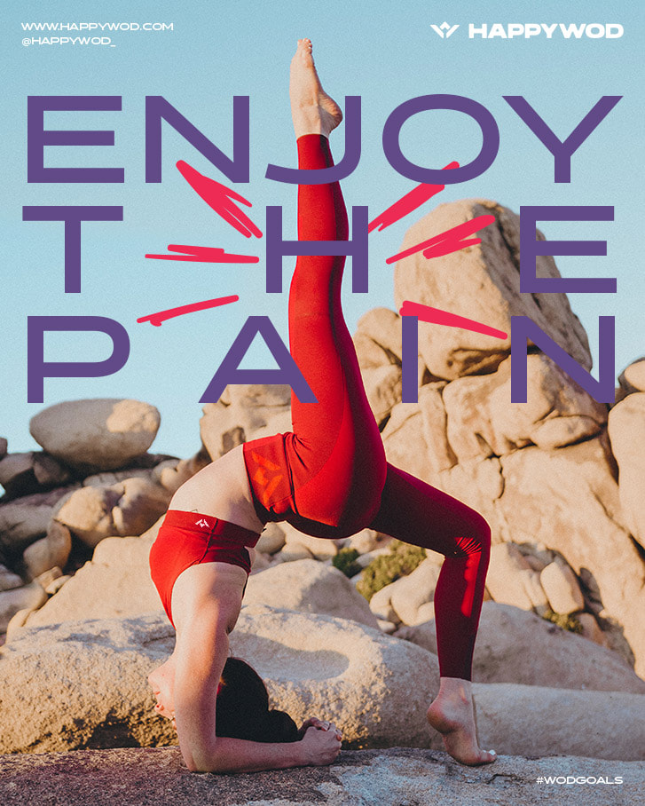 Poster of woman wearing vibrant red sports clothes doing challenging yoga pose and the text Enjoy The Pain as the poster title