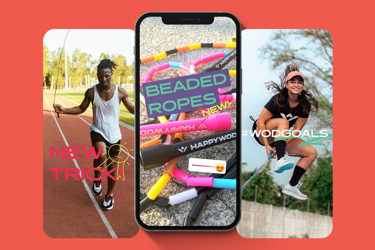 Three Social Media Stories examples of fun and vibrant apparel brand HappyWOD with people jumping ropes