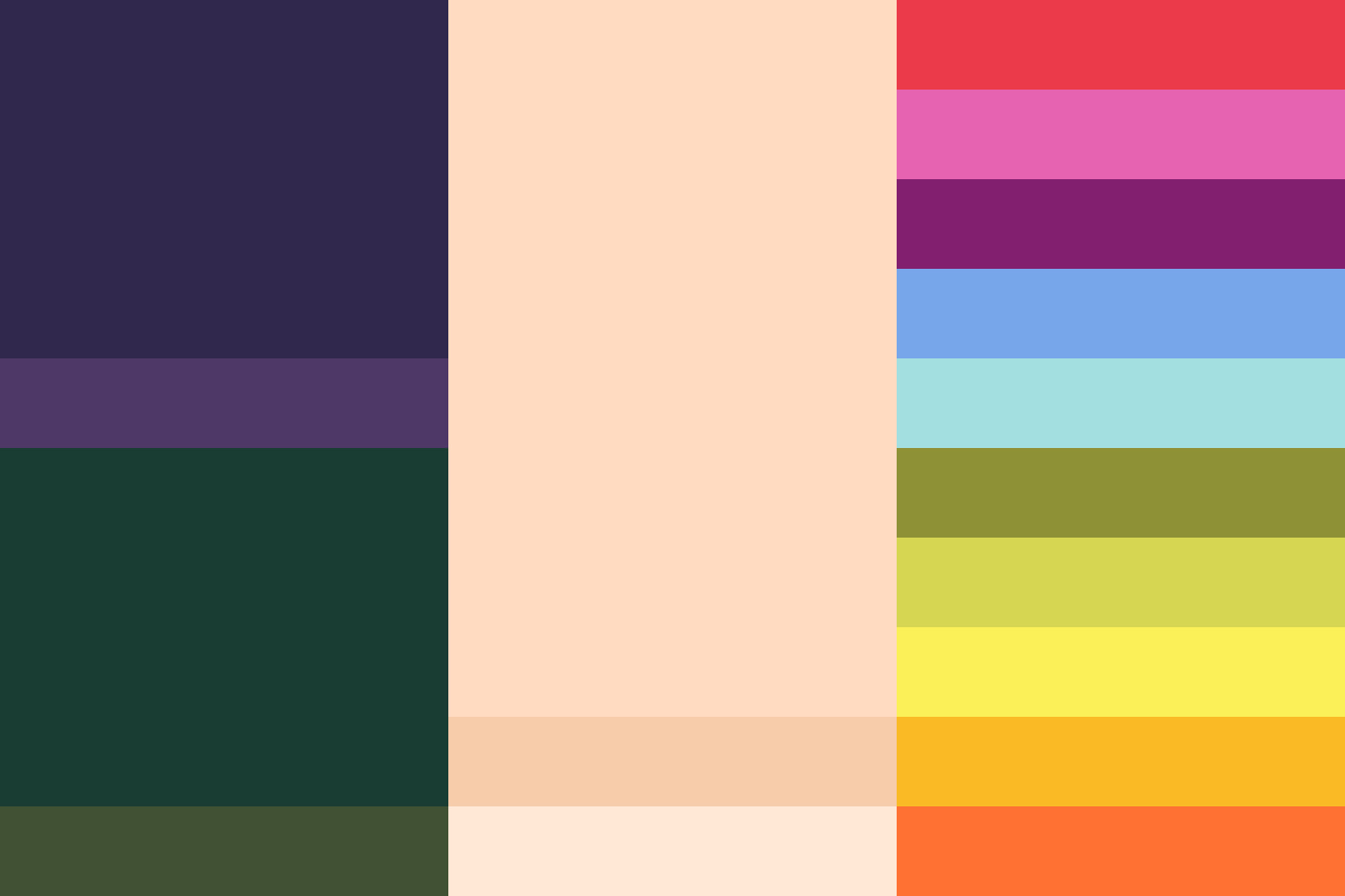 Color palette of dark green and purple colors contrasted by soft nude colors and several vibrant colors to add pop