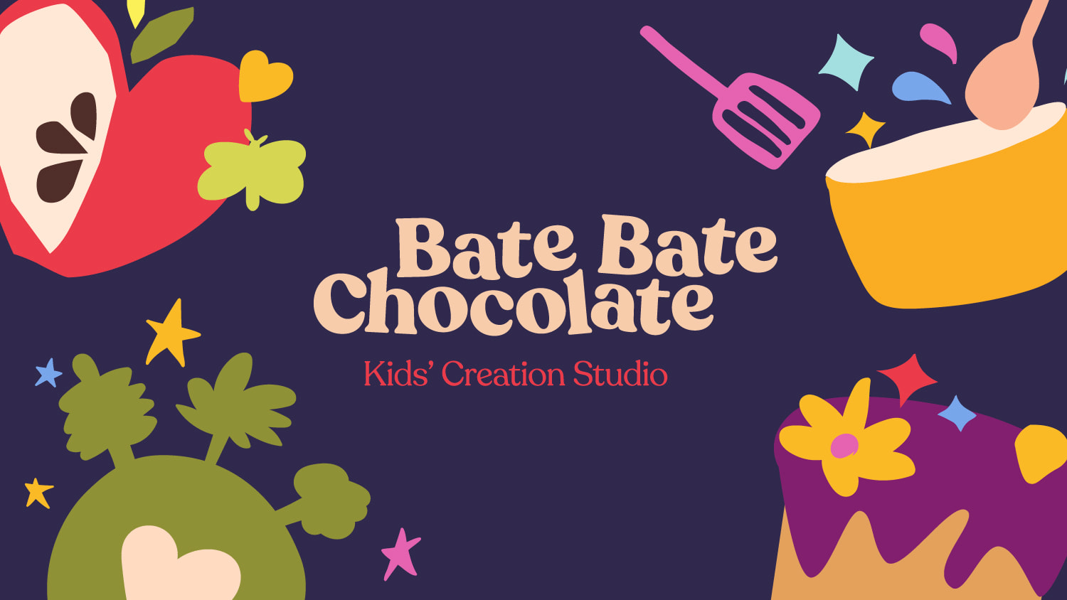 Bate Bate Chocolate fun logotype design with colorful and fun cutout children illustrations around the logo as decoration