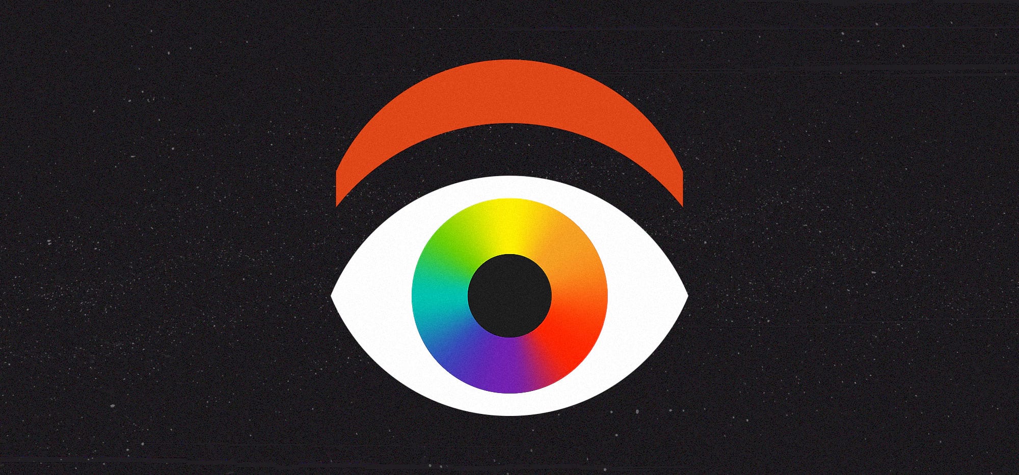Vector eye with the iris the color of the rainbow and a background full of stars and groovy colors showing the spectrum of light humans see